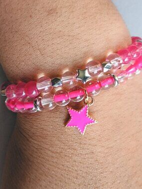 Handmade Hot Pink Star Beaded Bracelet Stack (2-Piece Set) 6 inches